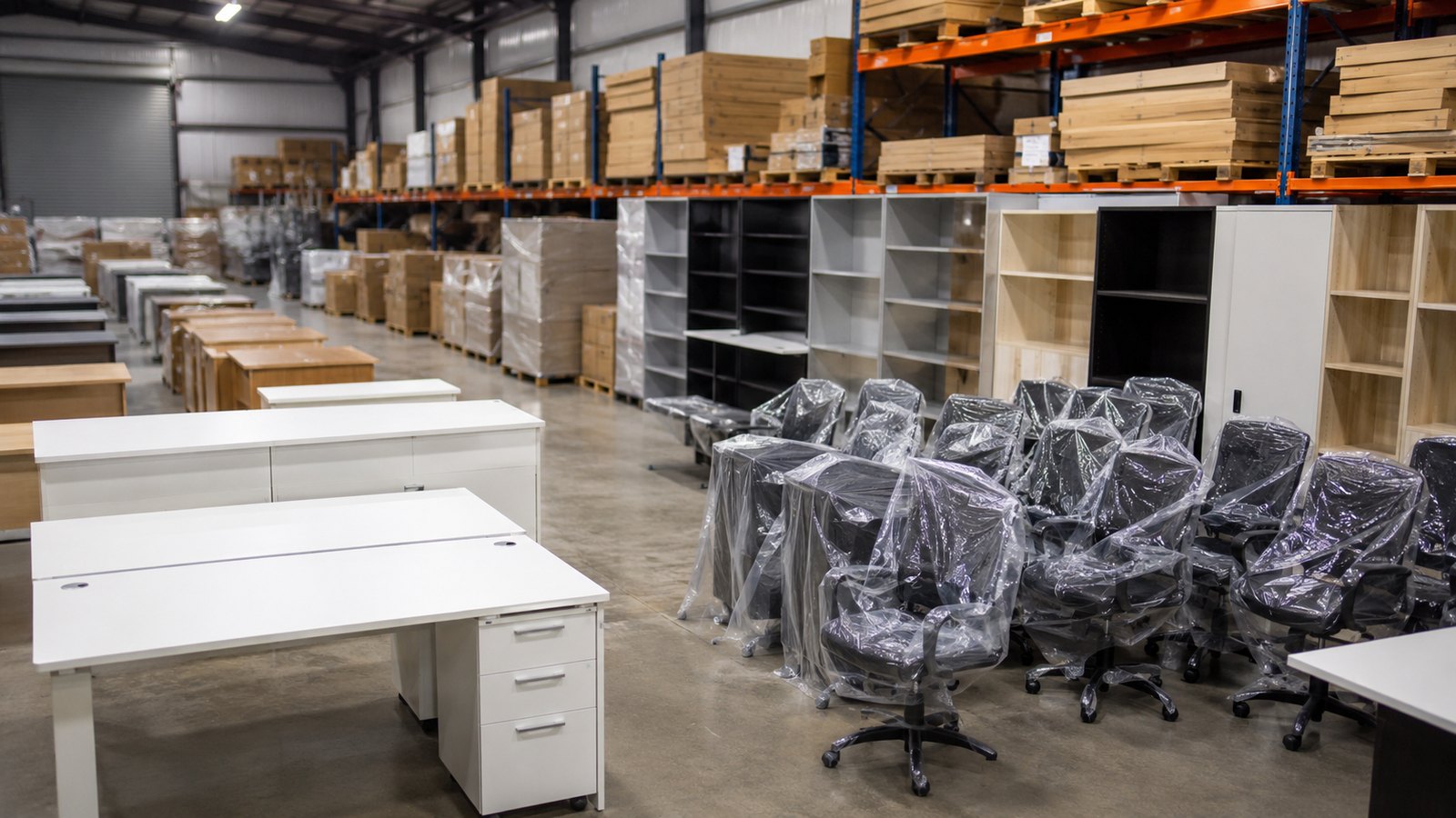 Office furniture warehouse with desks, wrapped chairs and stock shelving
