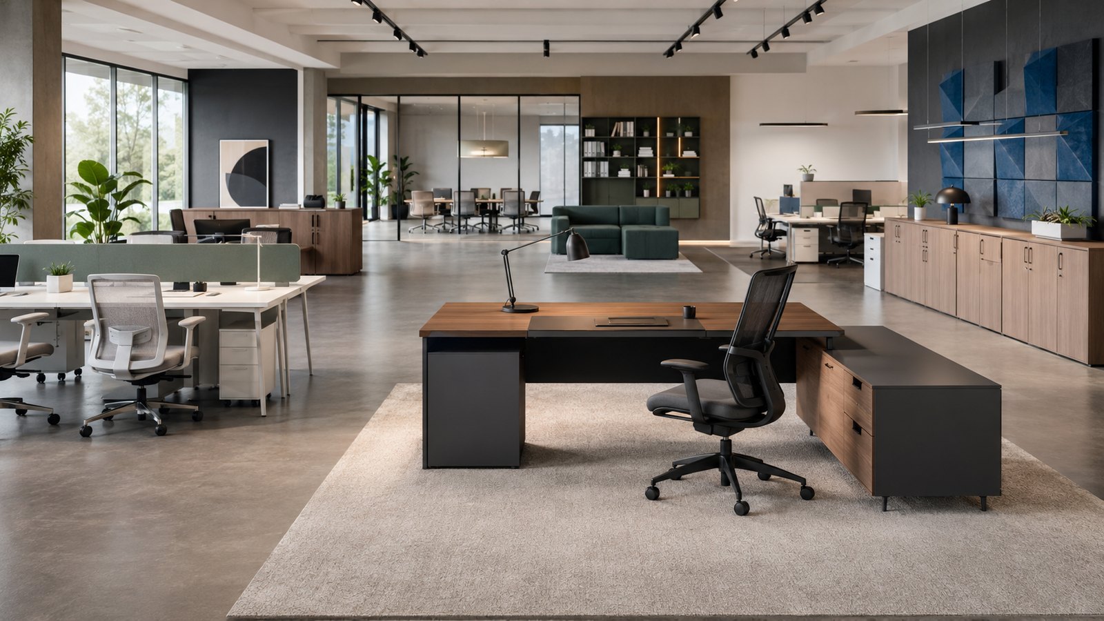 Modern office furniture showroom with desks, chairs, storage and workplace furniture